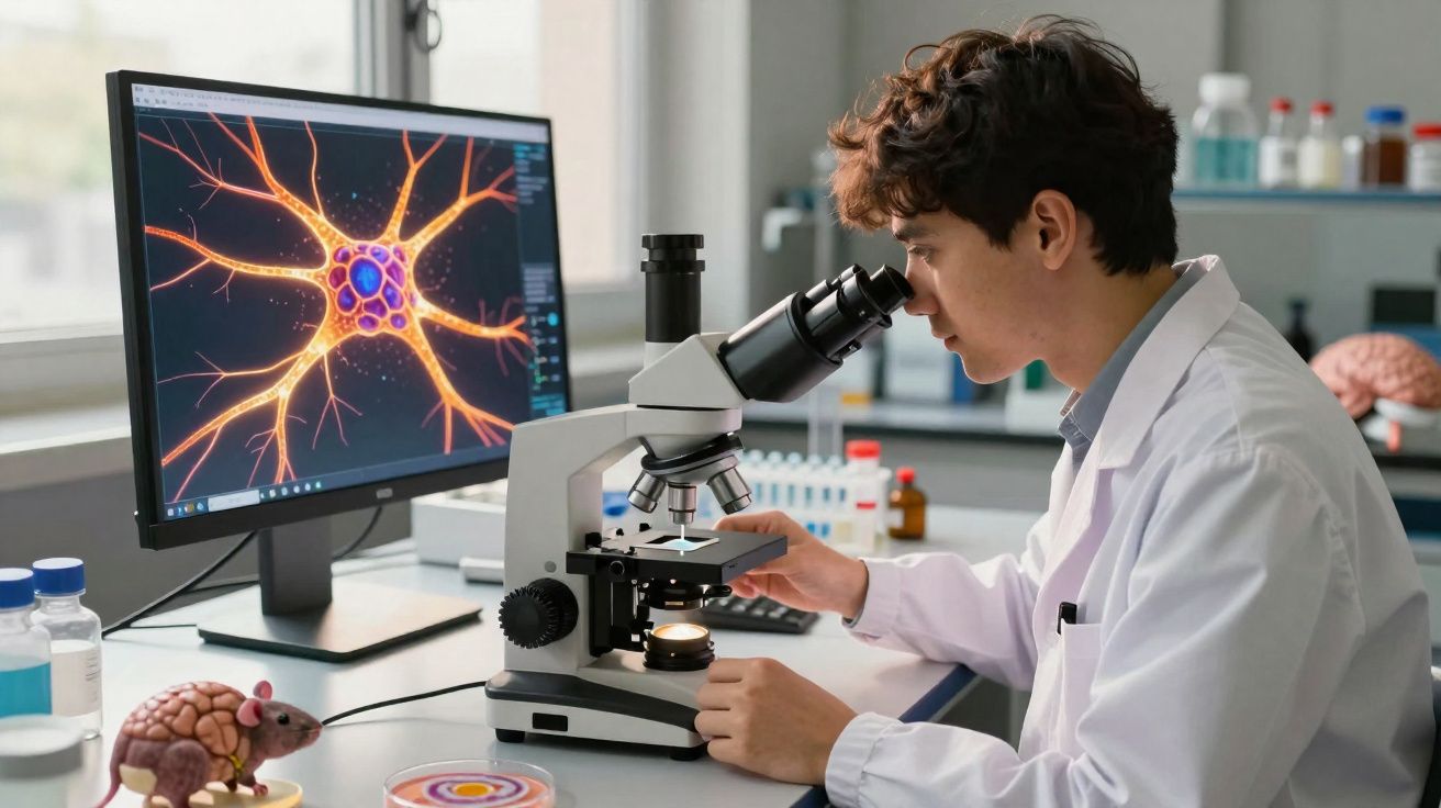 Cientista jovem usa microscópio em laboratório com imagem de neurónio na tela do computador.