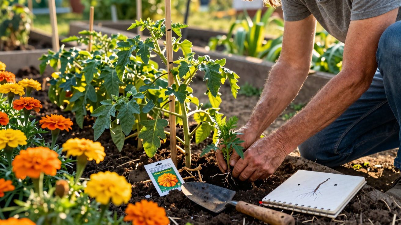 Pessoa a plantar uma muda de flor num jardim com flores amarelas e laranjas à volta.