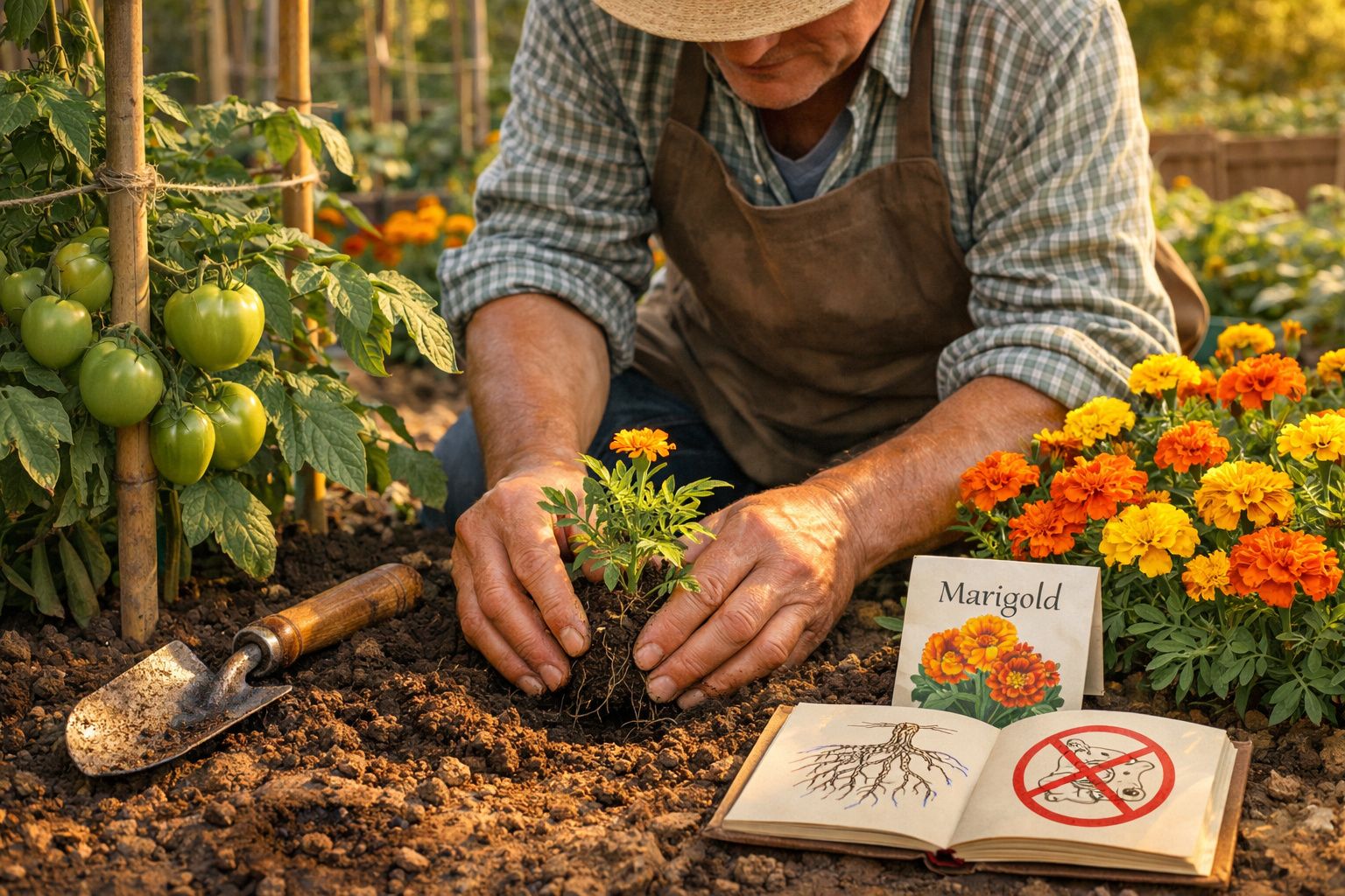 Pessoa a plantar uma flor-barbela num jardim com tomates verdes e flores amarelas e laranjas.