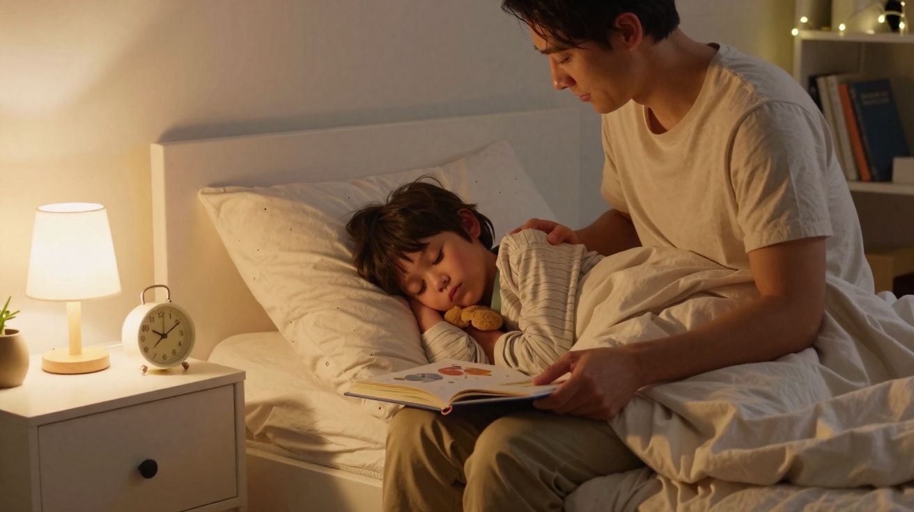 Pai a ler um livro para o filho adormecido na cama num quarto iluminado com candeeiro e relógio na mesa de cabeceira.