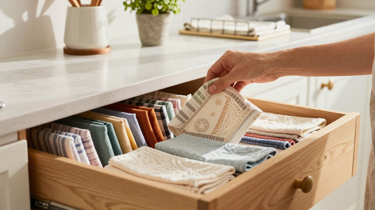 Gaveta aberta com panos de cozinha organizados, uma mão a pegar um pano estampado.