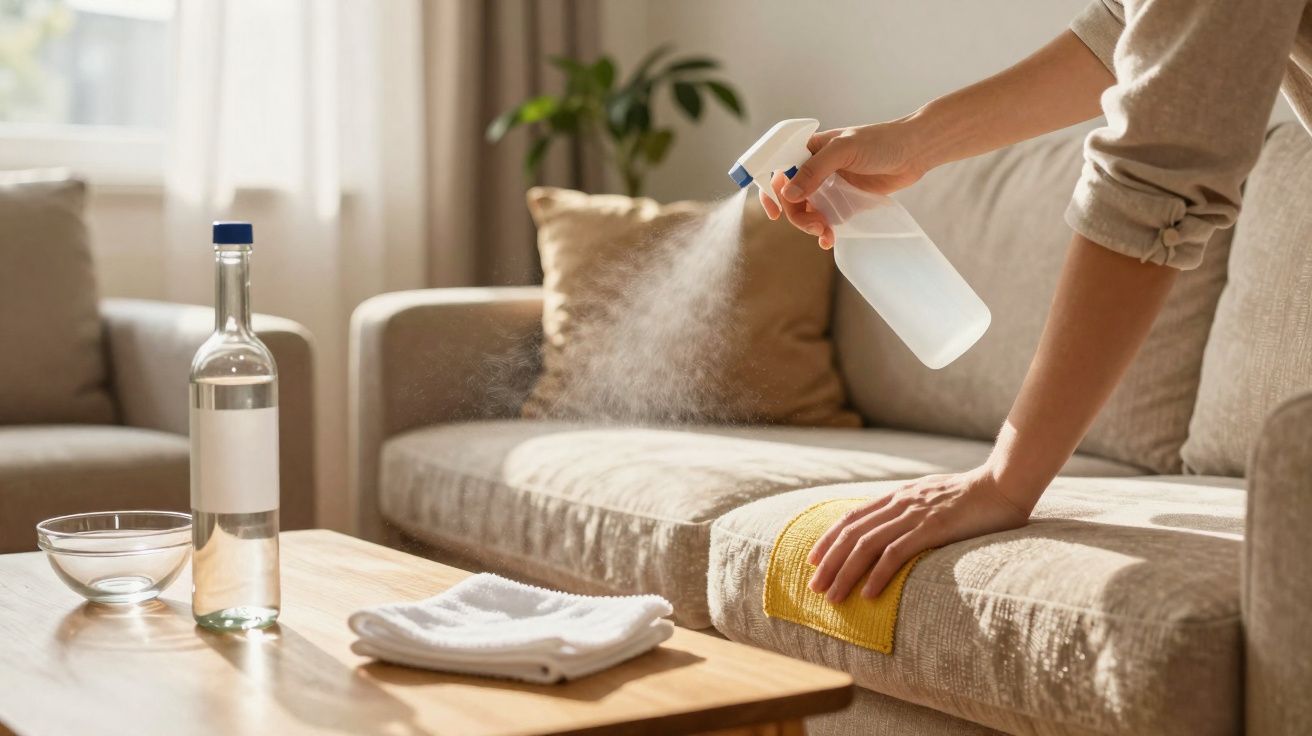 Pessoa a pulverizar produto de limpeza num sofá bege, com um pano amarelo e garrafa na mesa de madeira.