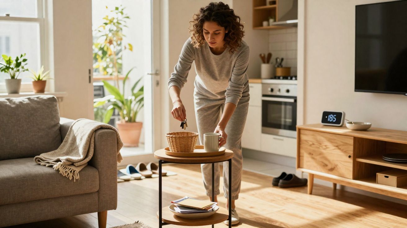 Mulher com roupa casual a guardar chaves numa cesta numa sala de estar luminosa e moderna.