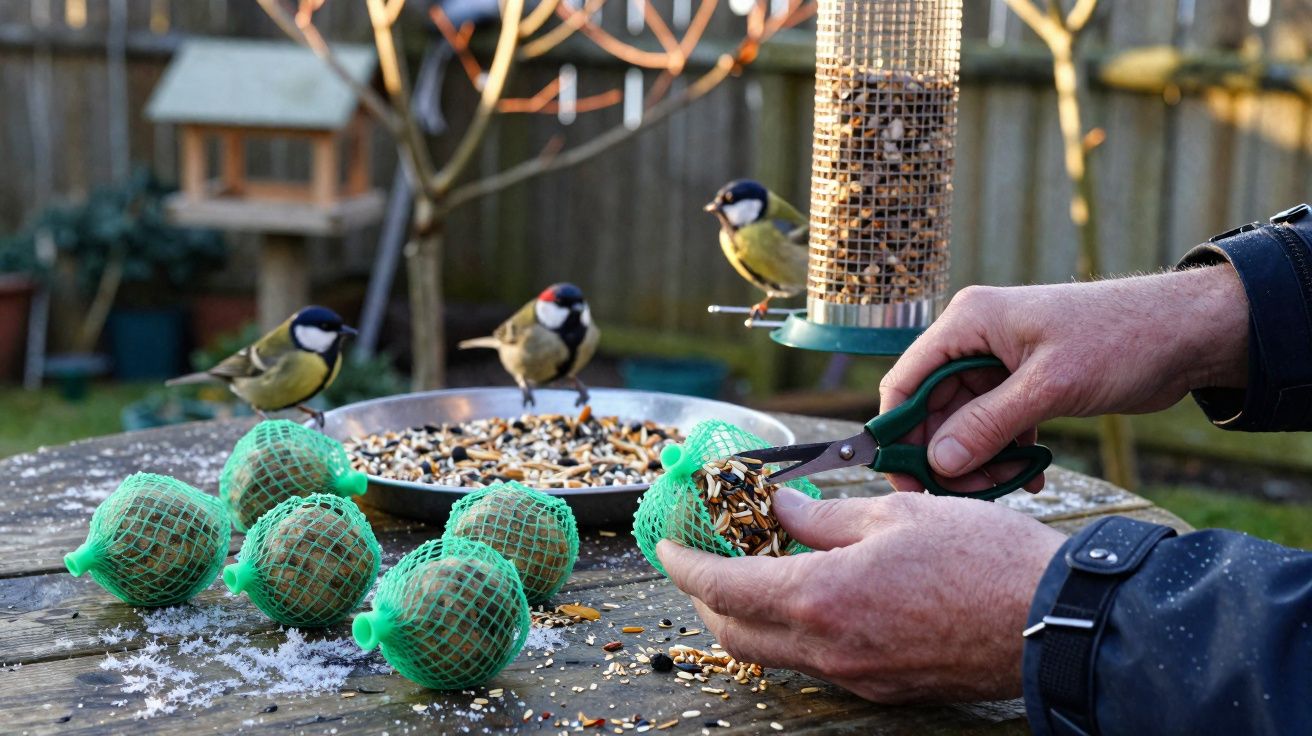 Pessoa a cortar sementes para aves num jardim, com pássaros a alimentarem-se numa mesa de madeira.