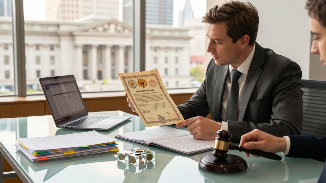 Dois homens em fato numa reunião, com um a mostrar um documento antigo e outro segurando um martelo de juiz.