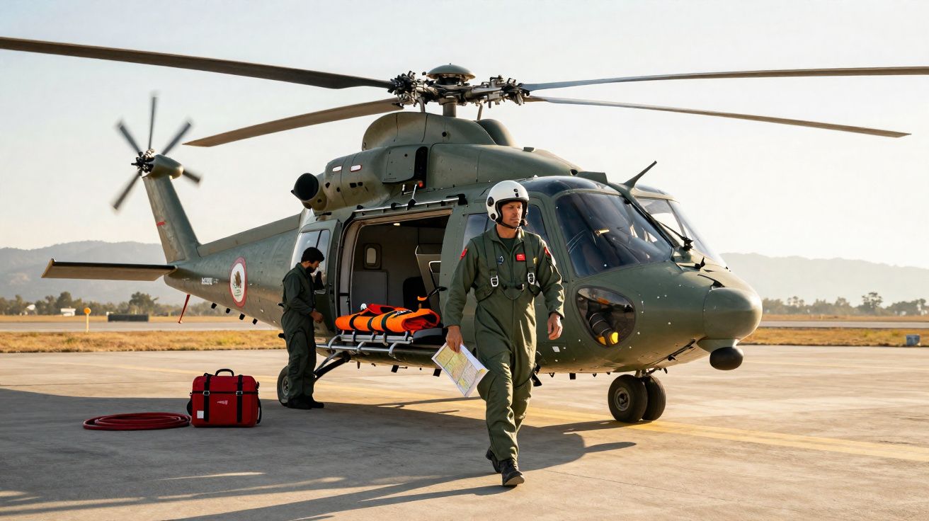 Helicóptero militar verde com equipa de resgate e maca na porta aberto em pista de aeroporto ao amanhecer.