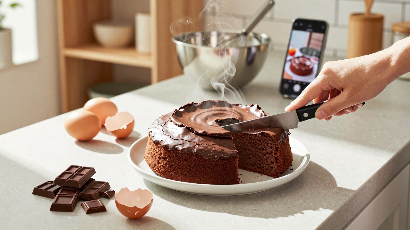 Bolo de chocolate quente a ser cortado, com ovo e chocolate em barra ao lado e smartphone a tirar foto.