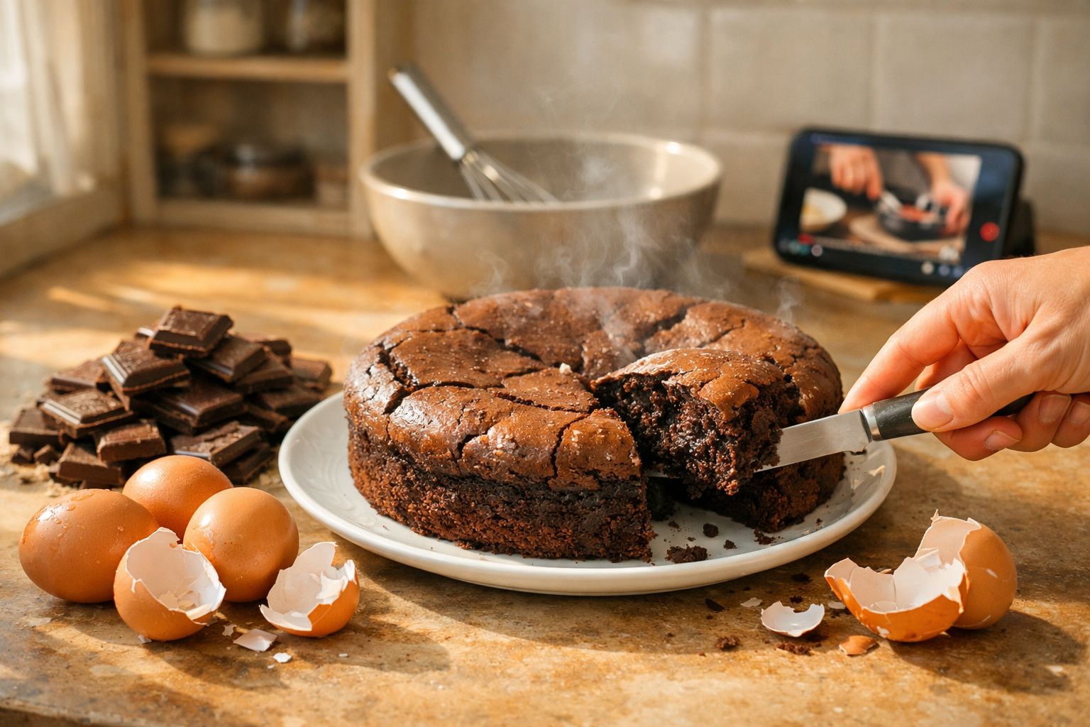 Bolo de chocolate quente com pedaço a ser cortado, ovos partidos e chocolate em barra numa bancada.