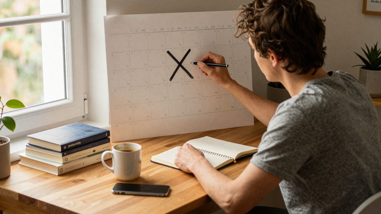 Homem assinala um dia num grande calendário na mesa de madeira junto a janela com livros e café.