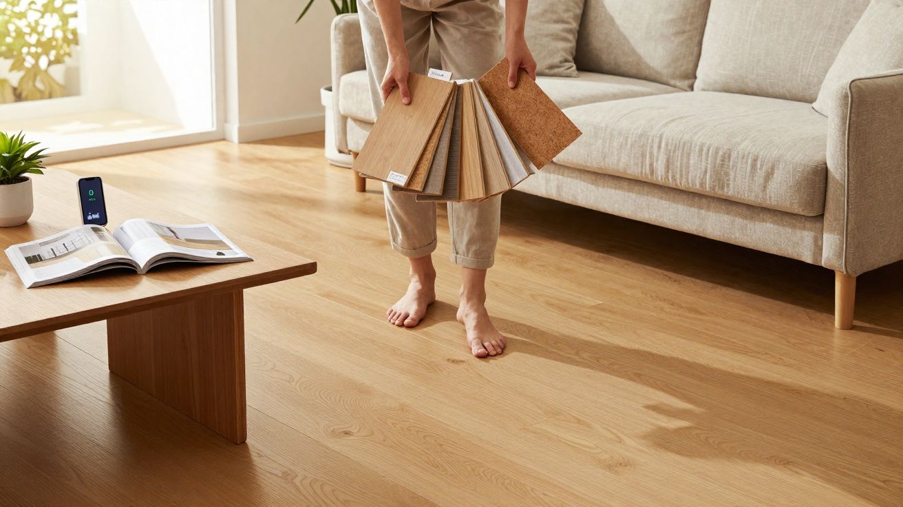 Pessoa descalça segura amostras de madeira numa sala com sofá bege e mesa baixa de madeira clara.