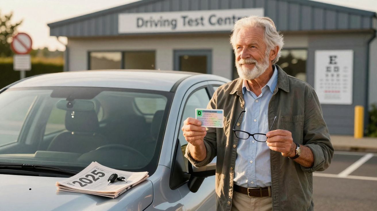 Homem idoso sorri mostrando a carta de condução ao lado de carro, em frente ao centro de exames de condução.