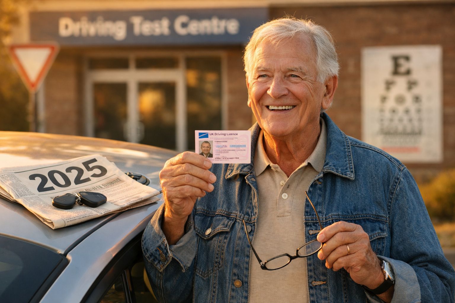 Homem idoso sorridente segura carta de condução do Reino Unido em frente a centro de exames de condução.