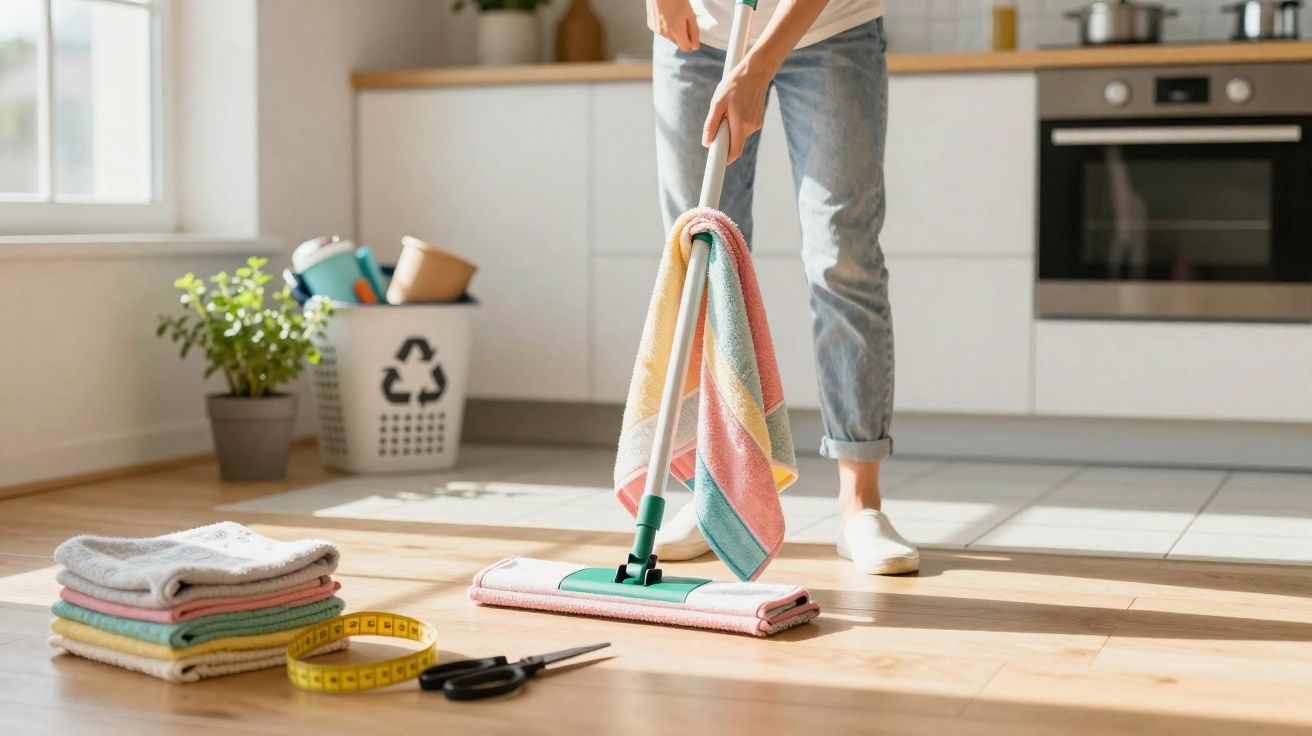 Pessoa a limpar chão de madeira com esfregona numa cozinha luminosa e arrumada.