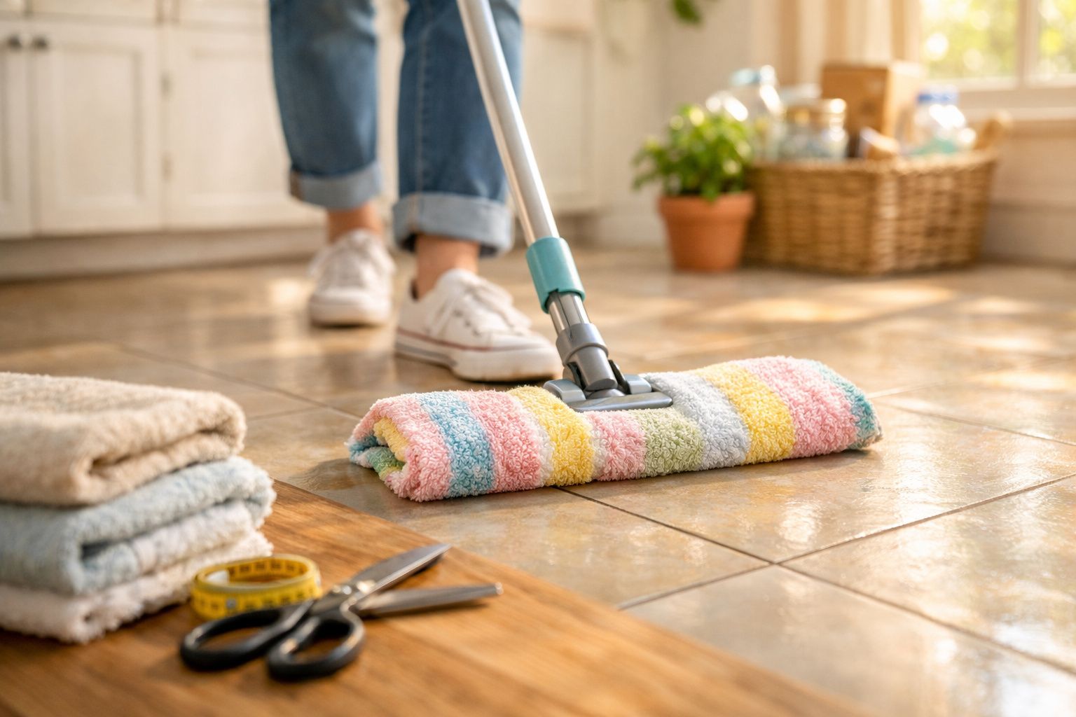 Pessoa a limpar chão de azulejo com esfregona colorida numa cozinha iluminada.
