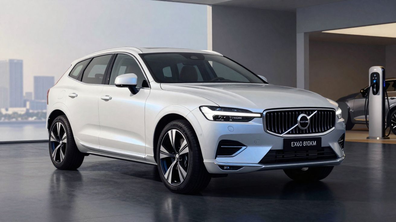 Carro Volvo branco elétrico estacionado em showroom moderno com carregador elétrico ao fundo.