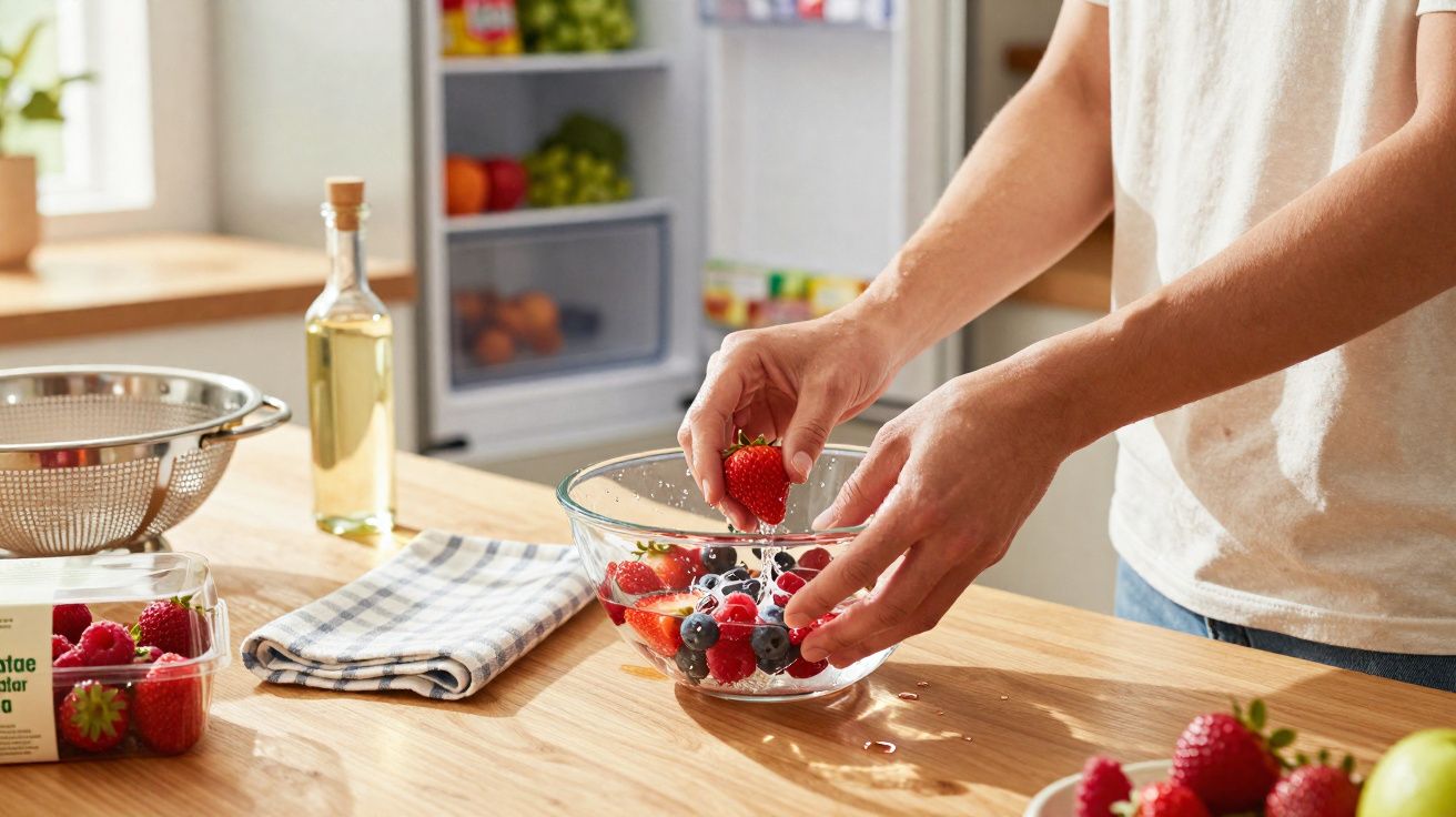 Pessoa a lavar morangos e frutos vermelhos numa taça de vidro numa cozinha iluminada.