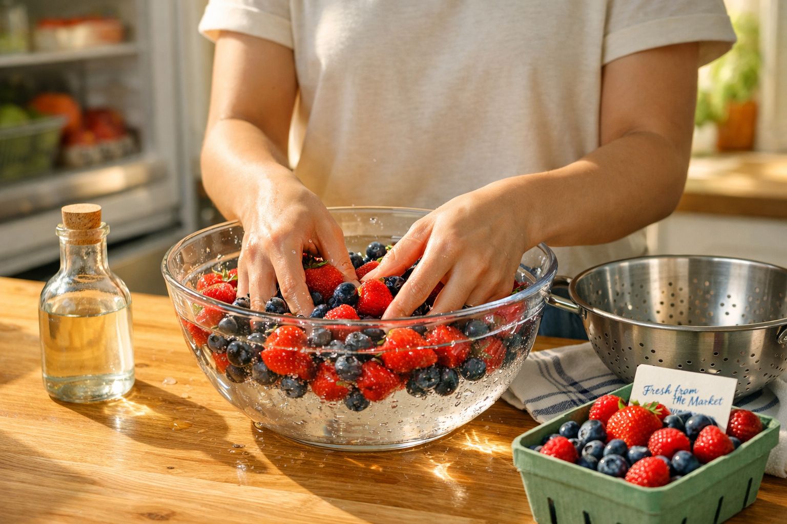 Mãos a lavar morangos e mirtilos numa taça de vidro num balcão de cozinha iluminado pelo sol.