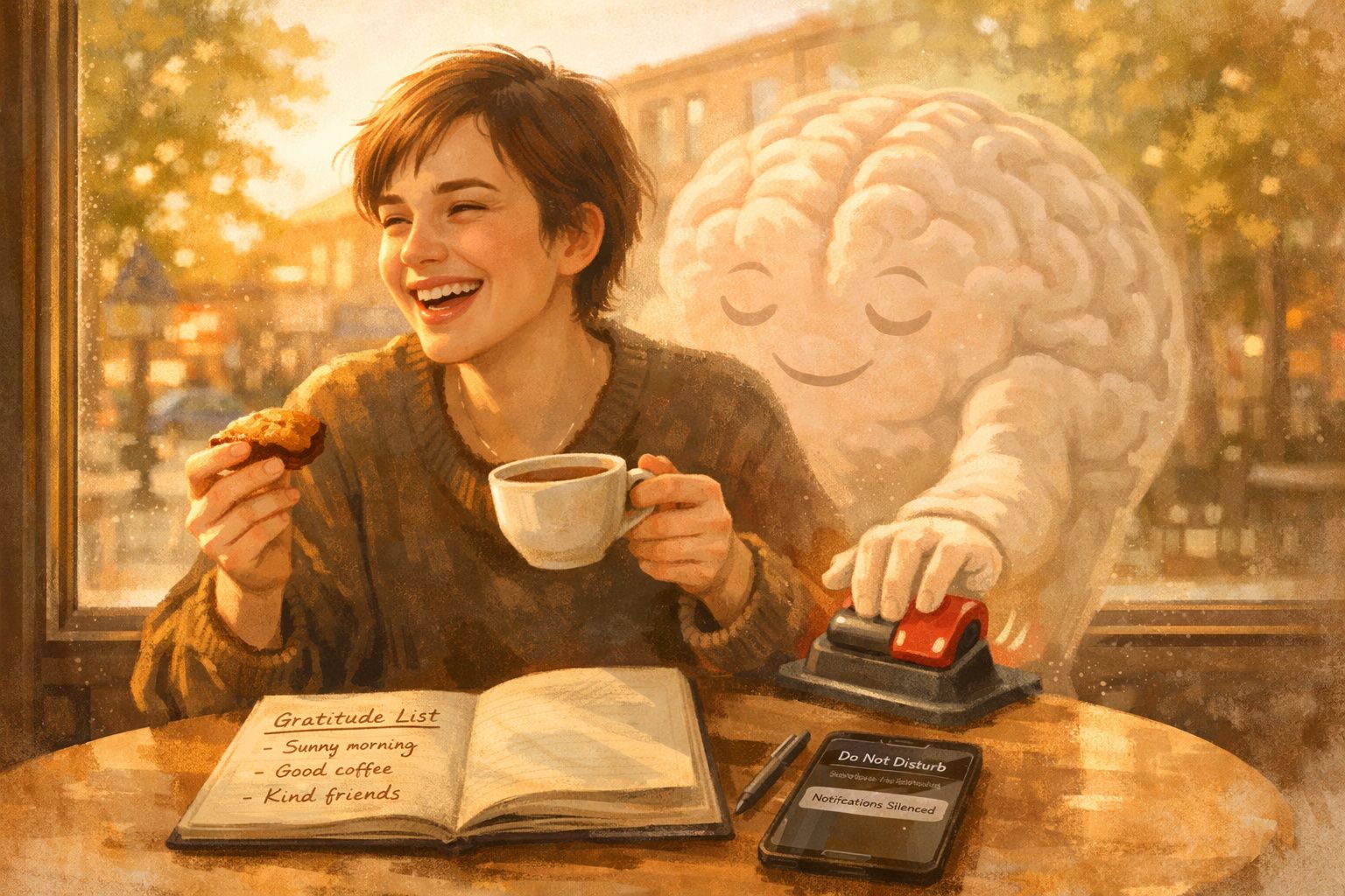 Pessoa feliz a beber café e comer bolo com um cérebro animado a carimbar o telemóvel na mesa.