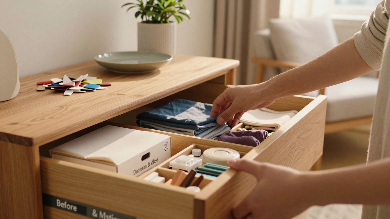 Pessoa a organizar gaveta de madeira com roupas dobradas e utensílios, com planta e pratos em cima.