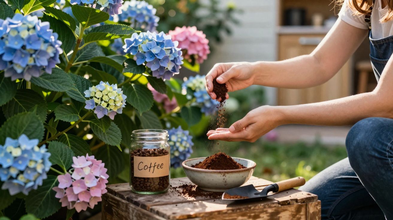 Mãos femininas a espalhar borra de café num vaso com hortênsias azuis e cor-de-rosa ao lado.