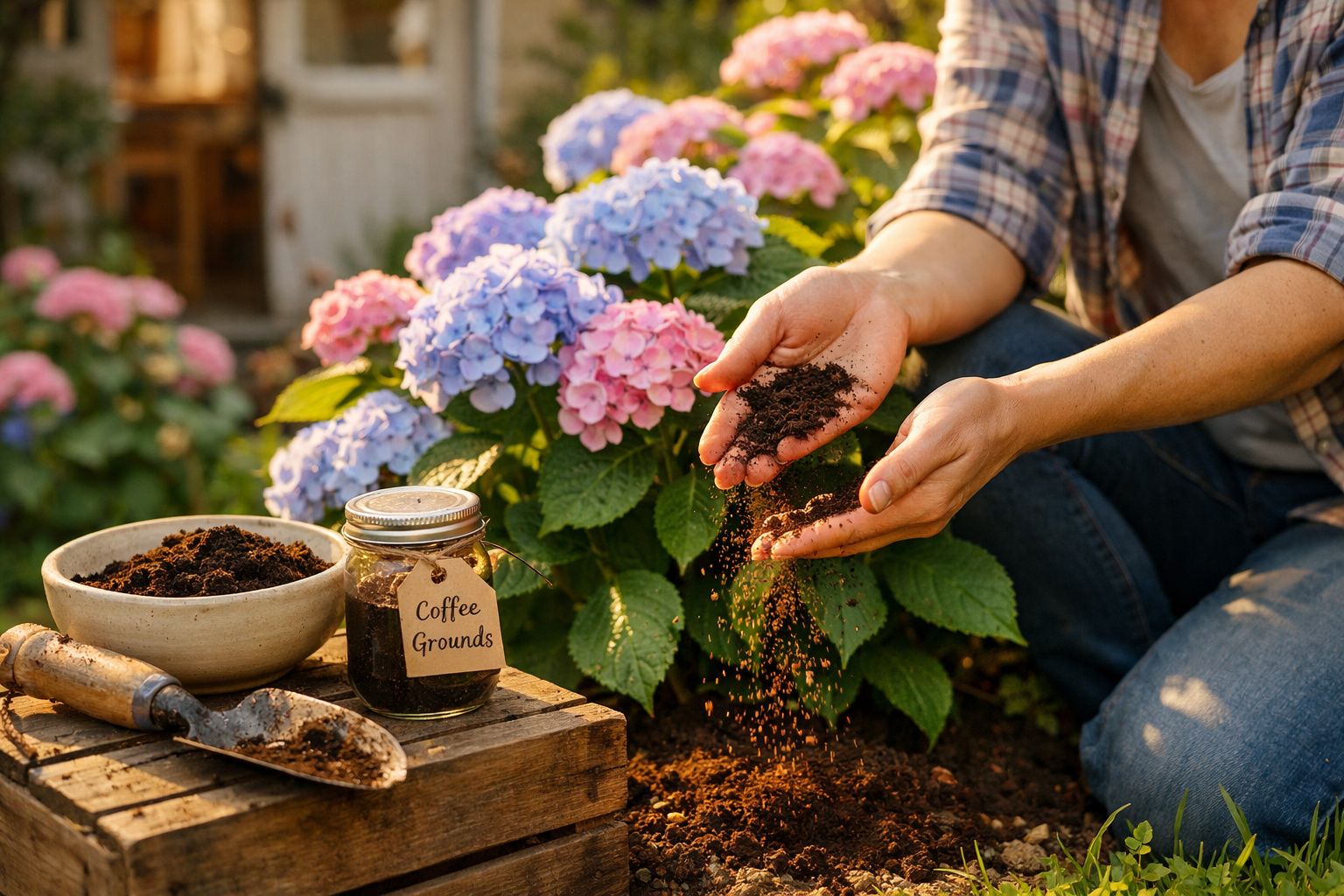 Pessoa a reutilizar borra de café como adubo em flores hortênsias num jardim ensolarado.
