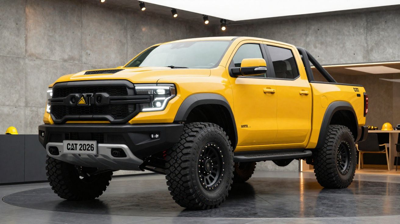 Pick-up de grande porte amarela com pneus robustos e detalhes pretos, estacionada em ambiente interior moderno.