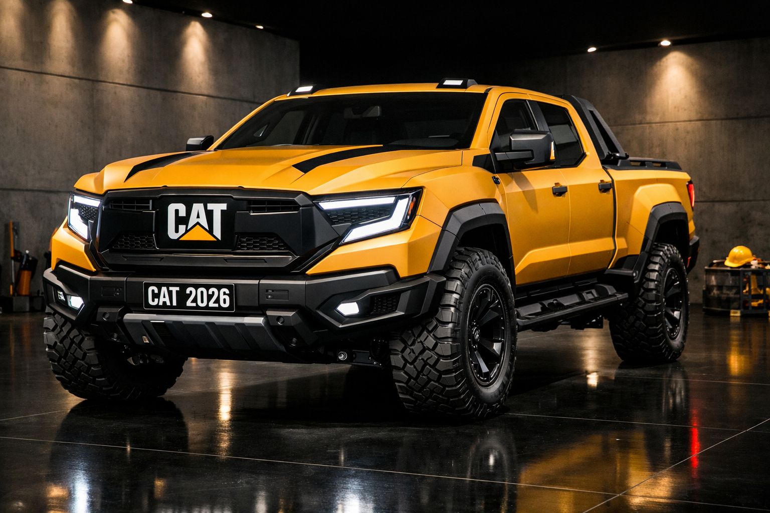 Pick-up amarela robusta CAT 2026 com faróis LED, pneus largos e para-choques reforçados, em ambiente industrial.