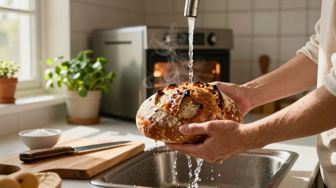 Pessoa a lavar pão quente com água na cozinha, com forno e plantas ao fundo.