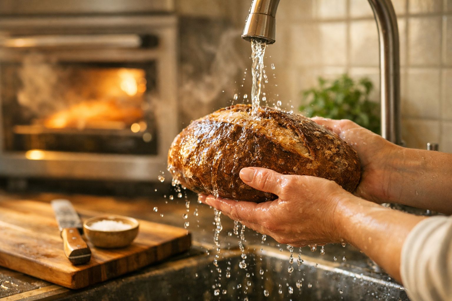 Mãos seguram pão rústico debaixo de torneira a correr numa cozinha acolhedora com forno ao fundo.
