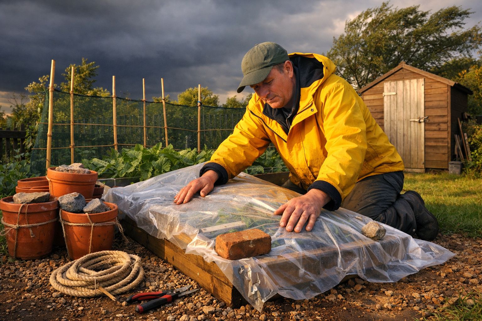 Homem de jaqueta amarela cobre estufa com plástico num jardim ao pôr do sol.