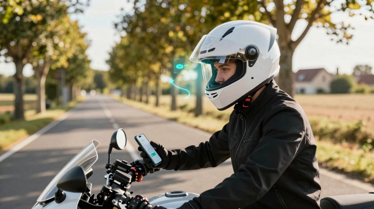Motociclista de capacete branco usa telefone enquanto conduz numa estrada ladeada de árvores.