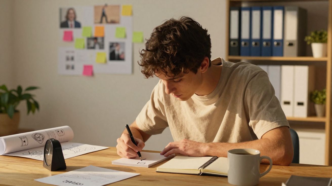Jovem a desenhar num bloco de notas à mesa, rodeado de papéis, caneca e relógio de secretária.
