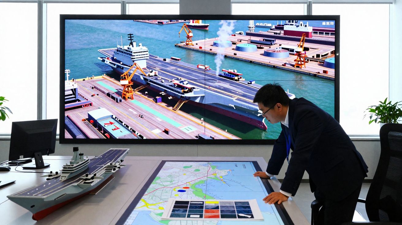 Homem em fato a analisar modelo e imagens digitais de porta-aviões numa sala de reuniões moderna.