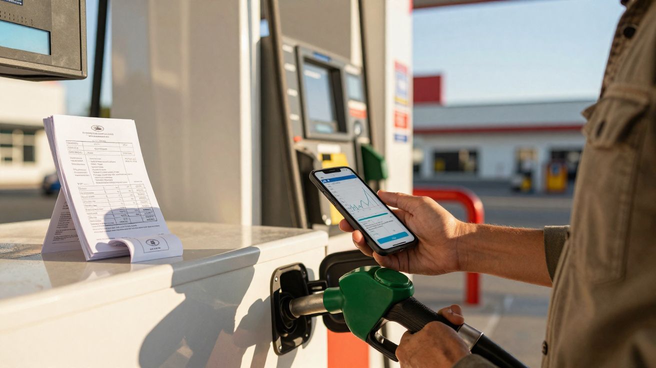 Pessoa a segurar telemóvel e abastecer carro com gasolina numa bomba de combustível numa estação.