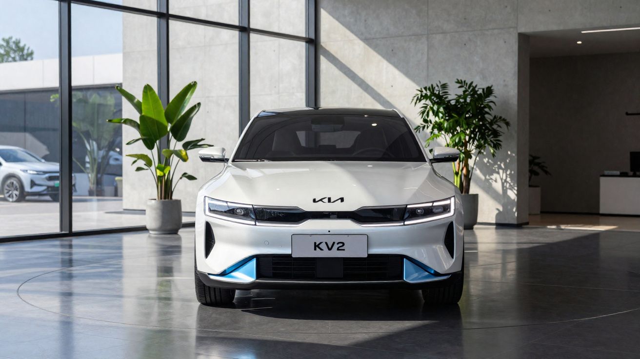 Automóvel elétrico branco Kia KV2 estacionado em showroom moderno com plantas em vasos.