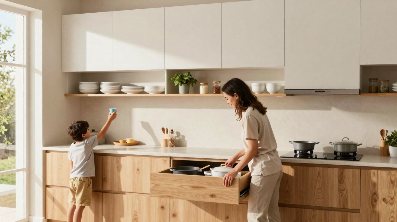 Criança e mulher numa cozinha moderna com armários claros, abrindo gaveta e alcançando um copo azul.