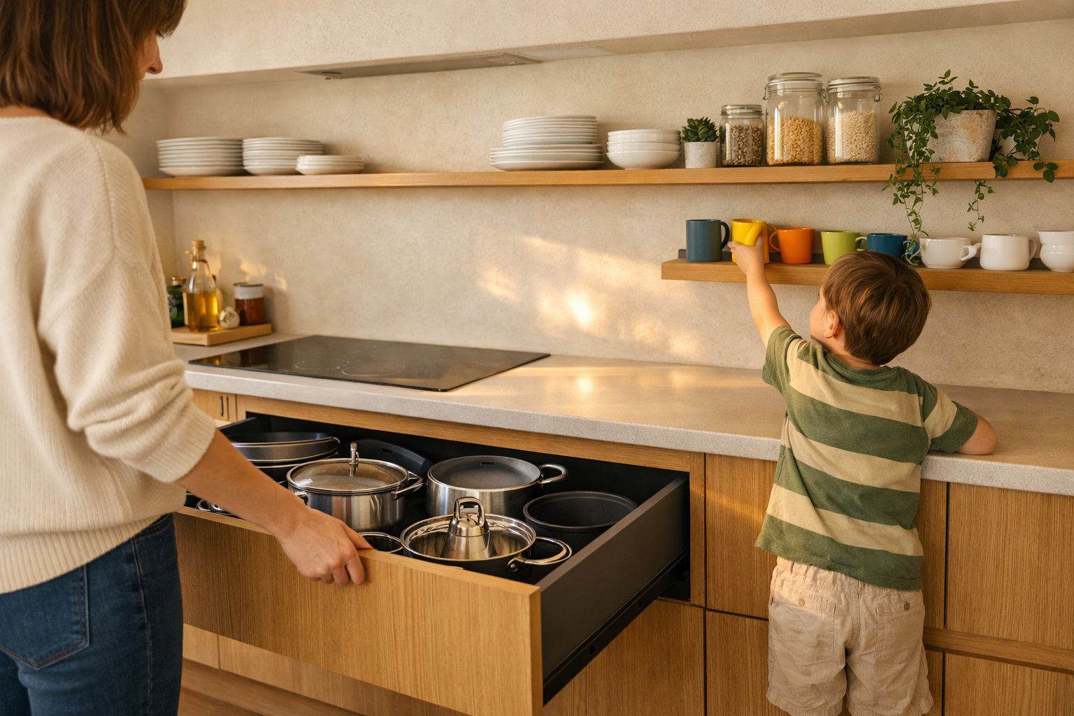 Criança a apanhar caneca numa prateleira enquanto adulto abre gaveta com panelas numa cozinha moderna.