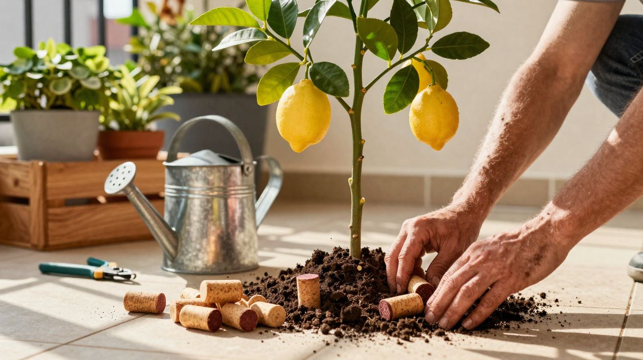 Pessoa a colocar rolhas de cortiça na terra à volta de uma pequena árvore de limão com frutos maduros.