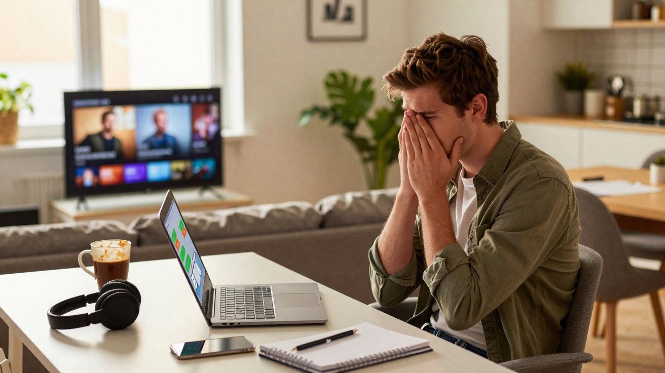 Homem sentado em mesa com laptop tapa o rosto com as mãos, aparentando cansaço ou frustração.