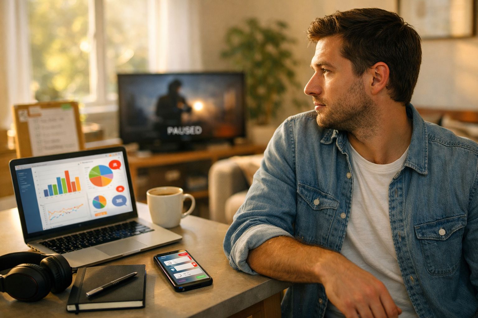 Homem sentado a trabalhar com portátil e telemóvel, olhando para o lado numa sala acolhedora.