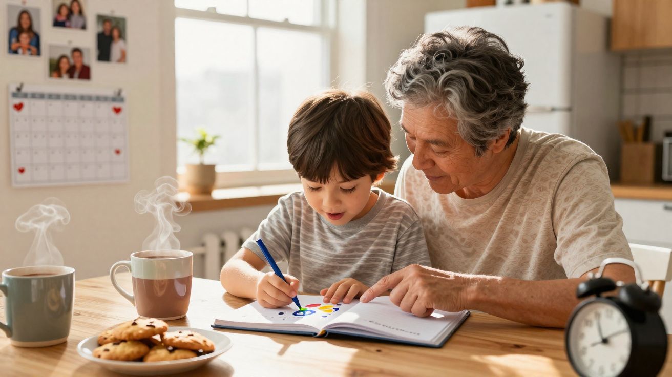 Avô e neto a pintar num caderno juntos numa mesa de cozinha com café e bolachas à frente.