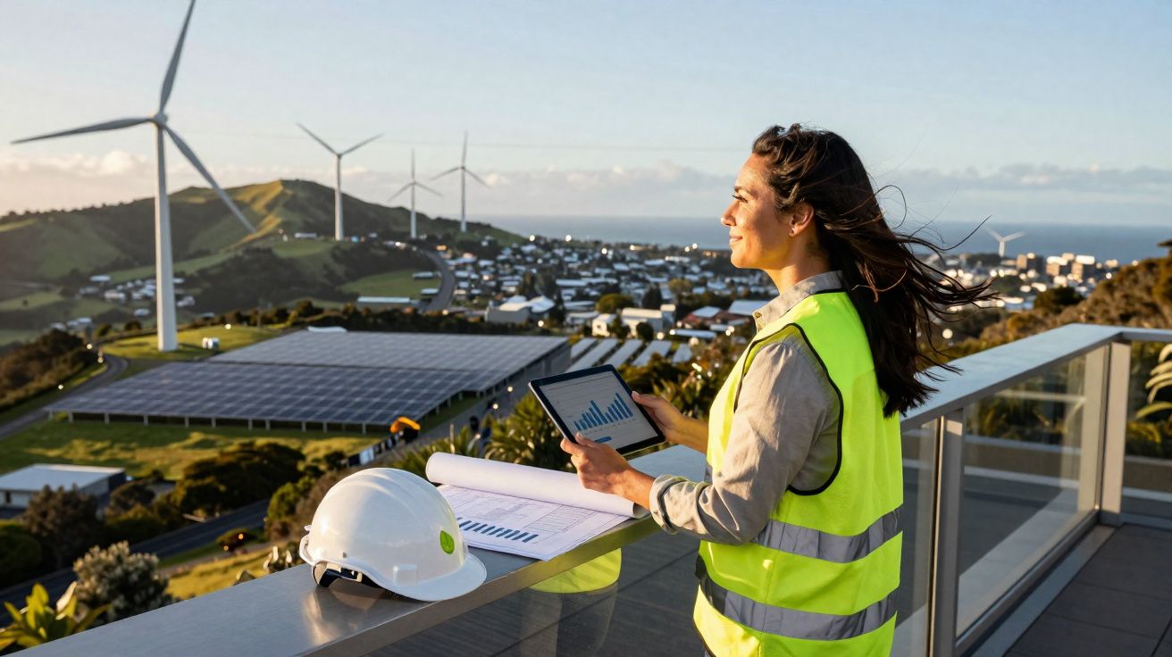 Mulher com colete refletor segura tablet e analisa gráficos perto de turbinas eólicas e painéis solares.