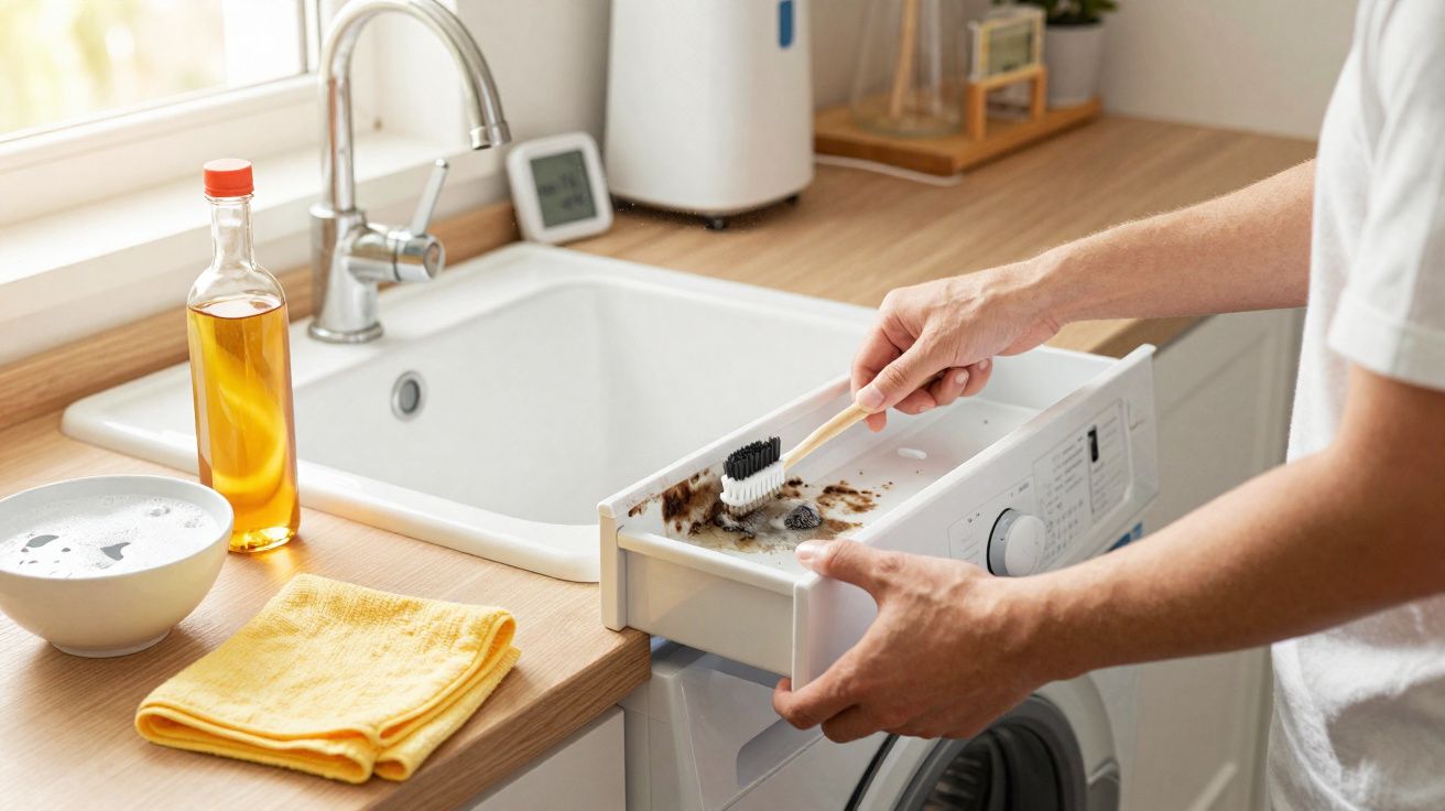 Pessoa a limpar o compartimento de detergente da máquina de lavar roupa com uma escova de dentes.