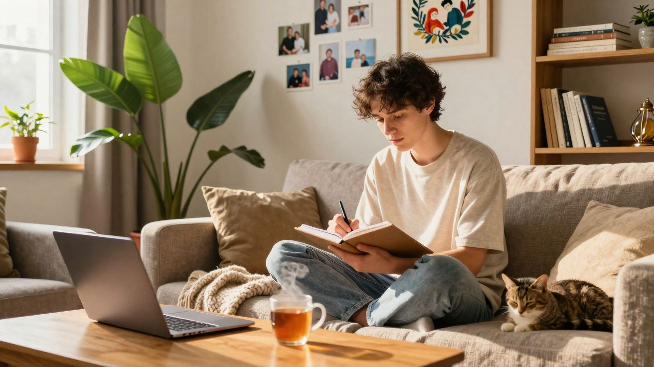 Jovem sentado no sofá a escrever num caderno, com computador portátil e chá na mesa, e um gato ao lado.