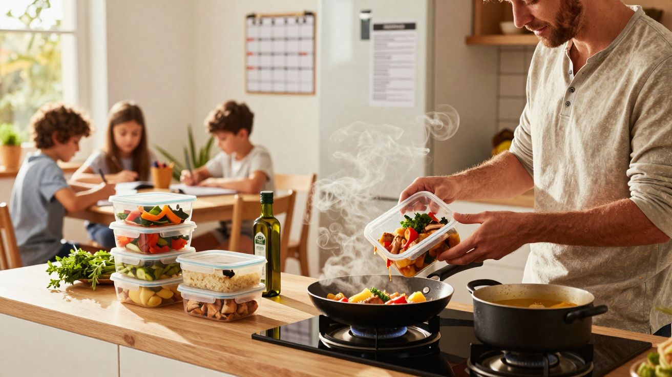Homem cozinha vegetais numa frigideira enquanto três crianças desenham à mesa na cozinha luminosa.