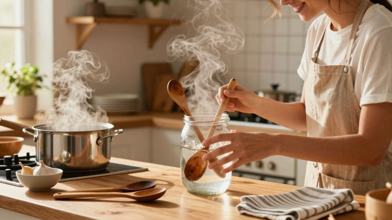 Mulher a preparar colher de pau num frasco, com panela a ferver na cozinha luminosa e acolhedora.