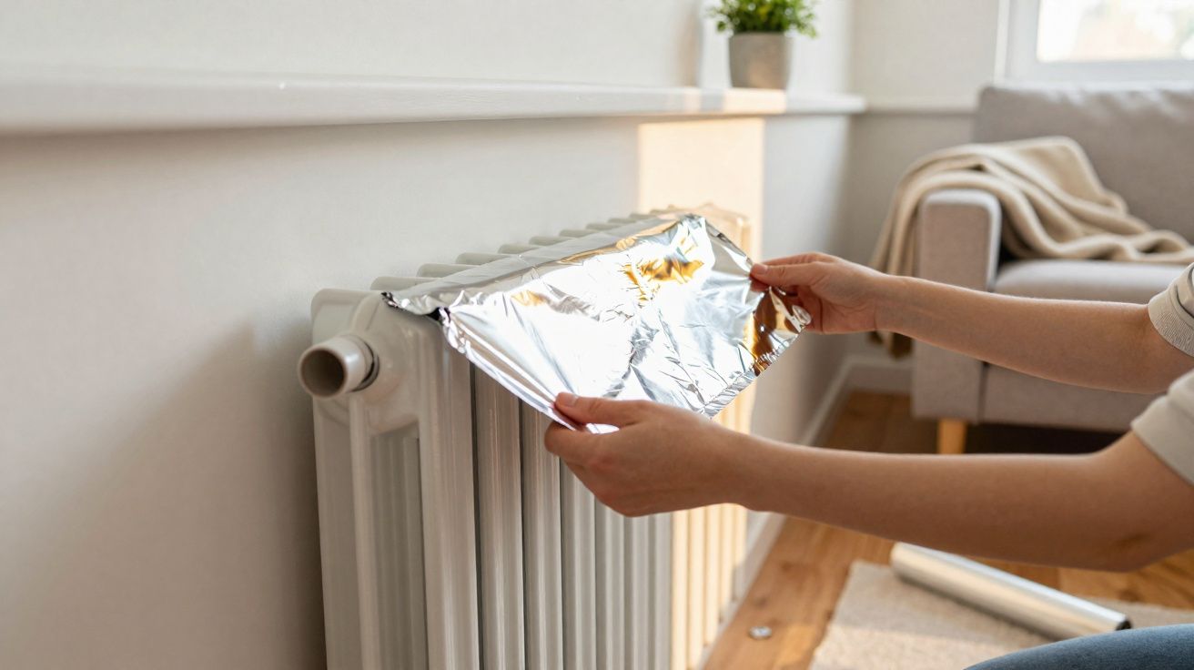 Pessoa a colocar papel de alumínio atrás de radiador branco numa sala de estar moderna.