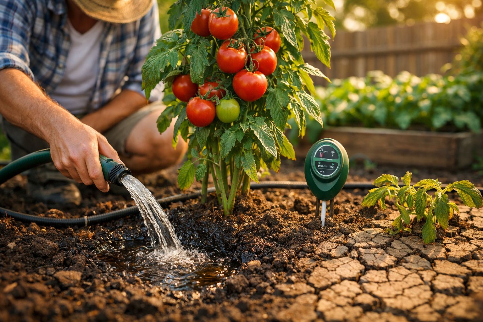 Pessoa a regar planta de tomateiros com frutos vermelhos e verdes num jardim com medidor de humidade.