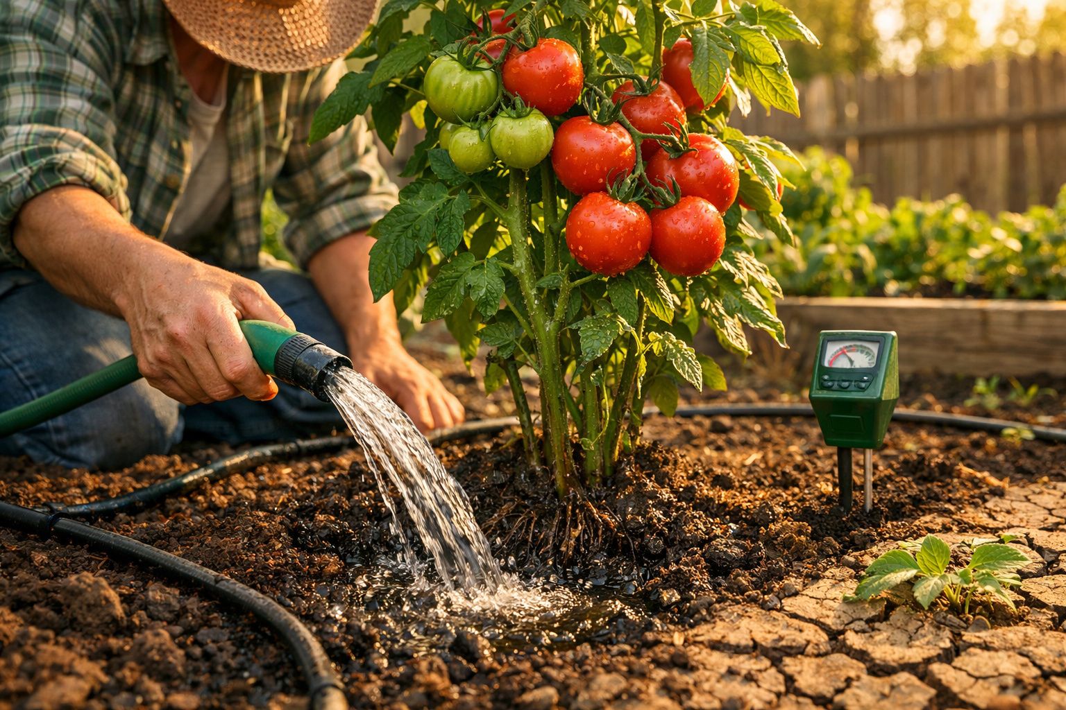 Pessoa a regar planta de tomateiros maduros num jardim com medidor de humidade no solo.