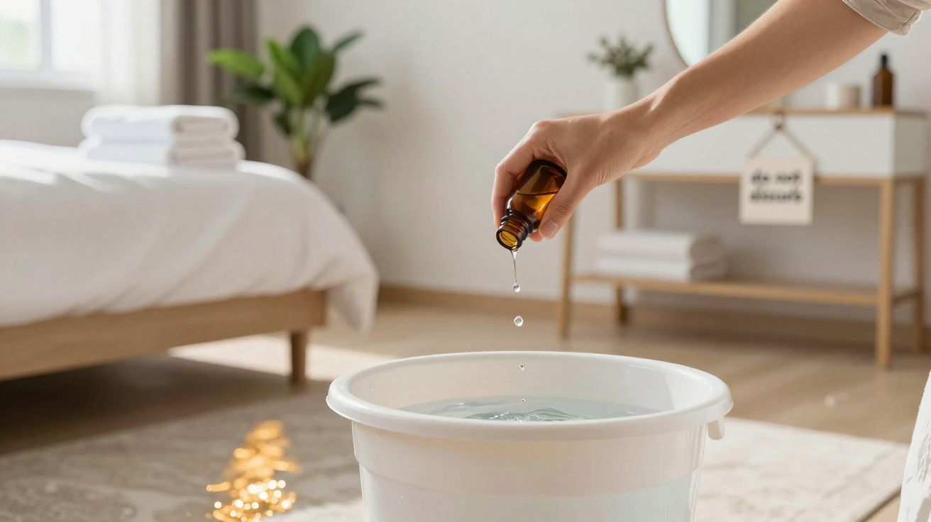 Mão a pingar óleo essencial num balde branco com água, num quarto iluminado e arrumado.